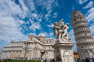 Angels Statue, Pisa Cathedral (Duomo di Pisa) (forefront), The Leaning Tower of Pisa (background), Piazza dei Miracoli ("Square of Miracles"). Pisa, Tuscany, Central Italy.